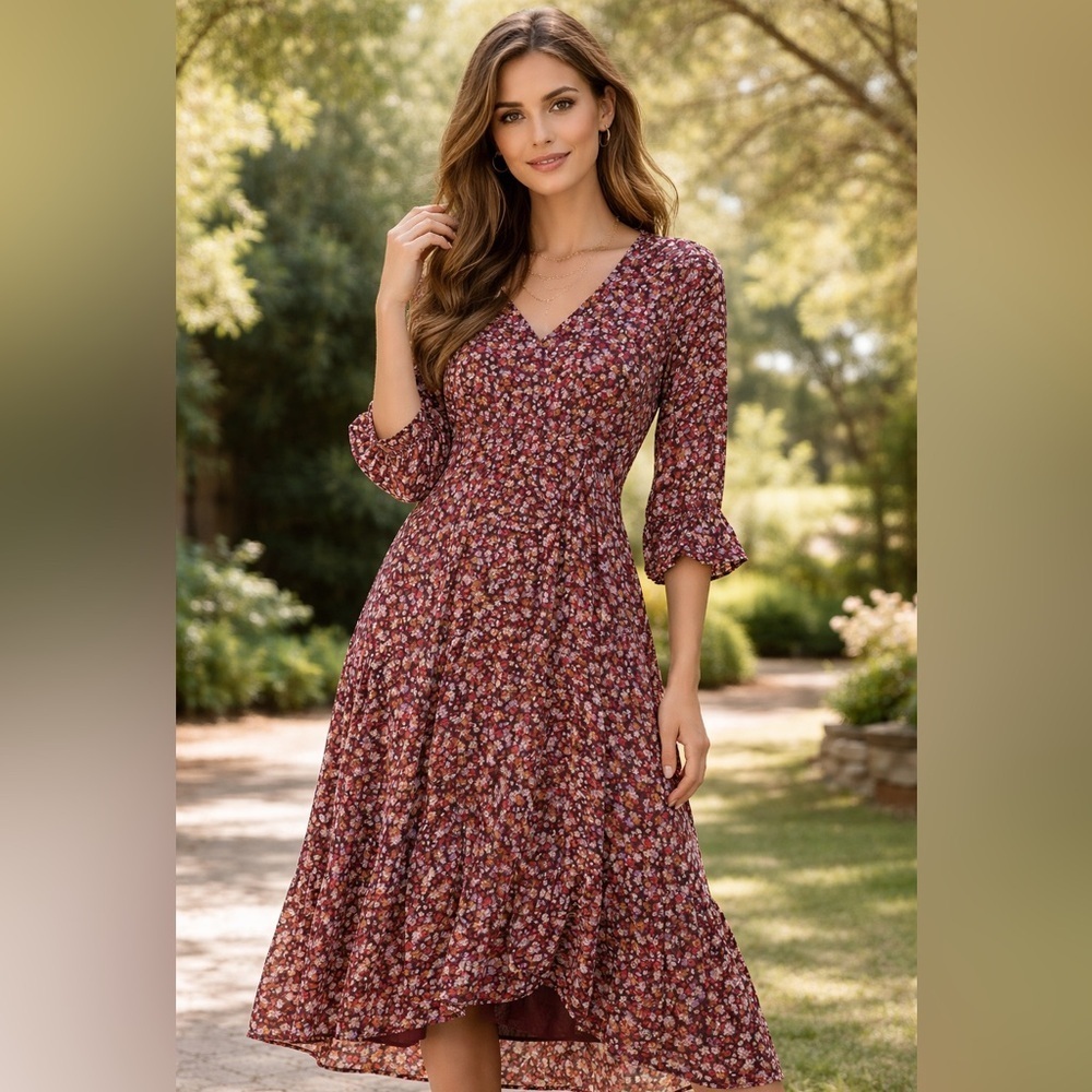 Madewell Floral Long Sleeve Dress - Burgundy and Pink